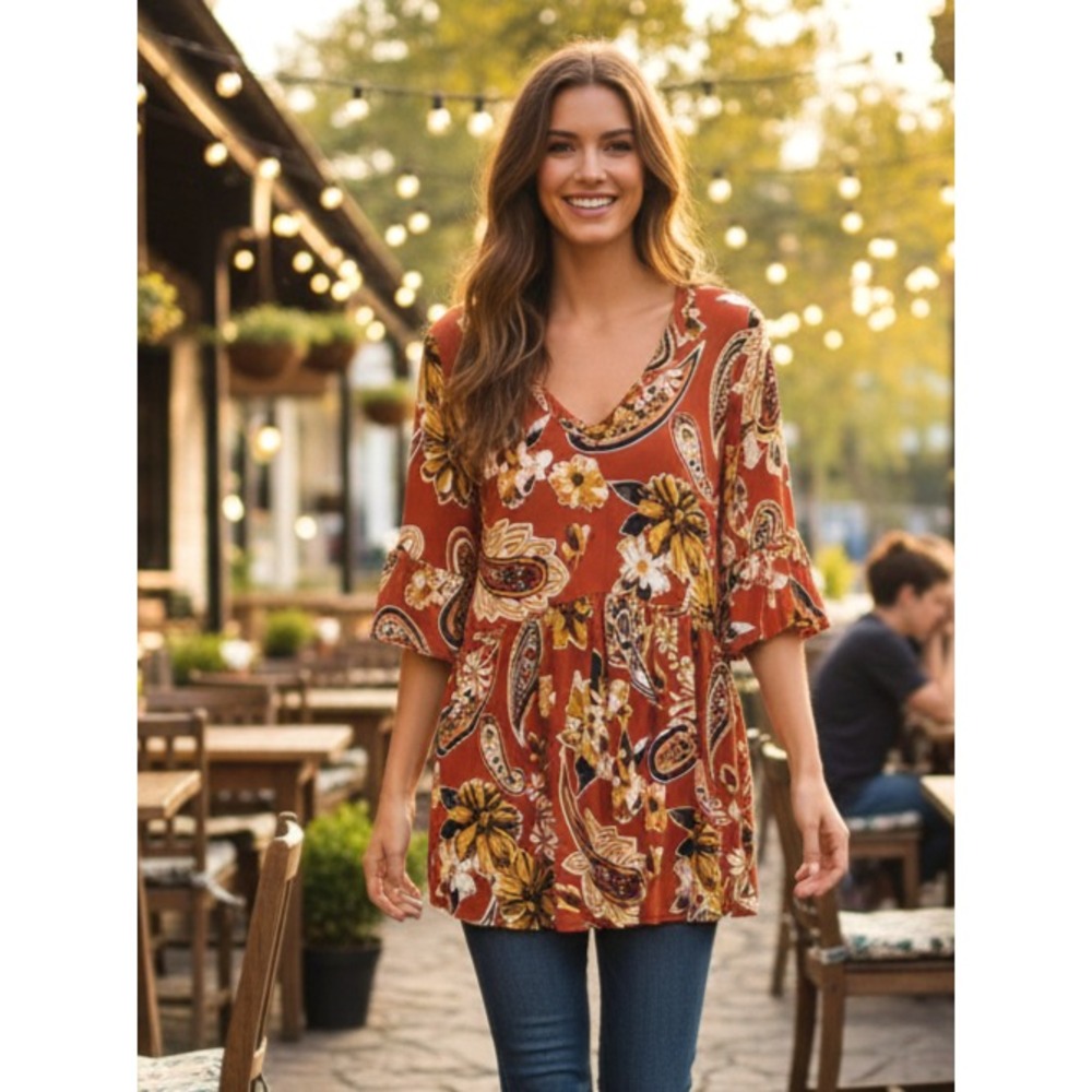 Womens L XL Babydoll Tunic Top Orange Floral Flowy Boho Hippie Earthy Cottage